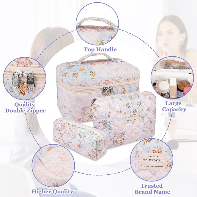 Gosect Makeup Bag Set, Quilted Makeup Bag, Large Floral Cosmetic Bag for Women, Cute Cotton Makeup Bags, Flower Travel Toiletry Organizer Bag (Folk Style) - Image 3